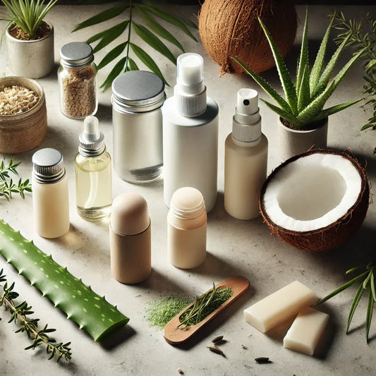 A selection of the best natural deodorants for 2025, including spray and stick options, displayed on a wooden or marble surface with aloe vera, coconut, and fresh herbs, highlighting clean and organic skincare choices.
